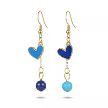 boucles passion avec un coeur et pierre naturelle, acier inoxydable doré, bleu, sur fond blanc