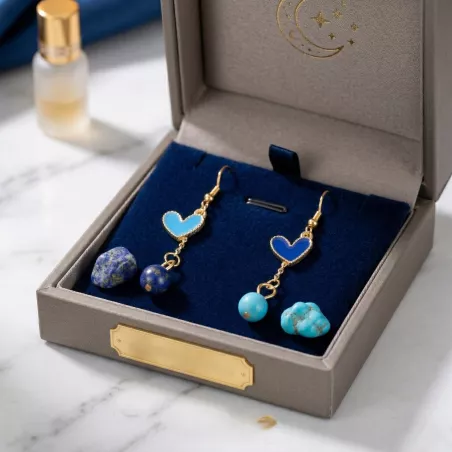 boucles passion avec un coeur et pierre naturelle, acier inoxydable doré, bleu