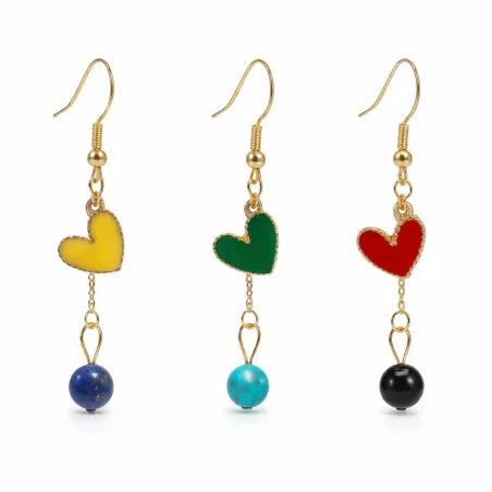 boucles passion avec un coeur et pierre naturelle, acier inoxydable doré ou argenté