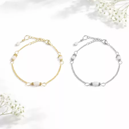 Bracelet Rusalka fin avec perles d'eau et nacre facettée acier inoxydable, doré et argenté
