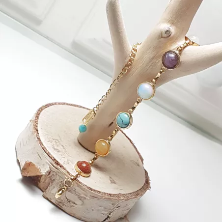 Bracelet Clairière Équilibre avec jaspe rouge, pierre de soleil, quartz rose, turquoise et améthyste