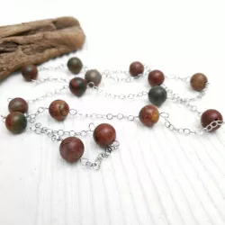 Collier long Picasso en jaspe rouge et vert, perles naturelles rondes 12 mm, chaîne acier inoxydable argenté