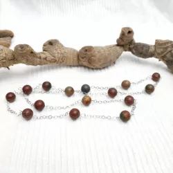 Collier long Picasso en jaspe rouge et vert, perles naturelles rondes 12 mm, chaîne acier inoxydable argenté