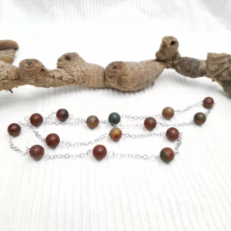 Collier long Picasso en jaspe rouge et vert, perles naturelles rondes 12 mm, chaîne acier inoxydable argenté – Bouly&Cailloux