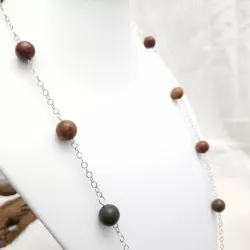 Collier long Picasso en jaspe rouge et vert, perles naturelles rondes 12 mm, chaîne acier inoxydable argenté