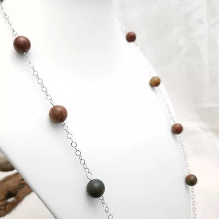 Collier long Picasso en jaspe rouge et vert, perles naturelles rondes 12 mm, chaîne acier inoxydable argenté – Bouly&Cailloux