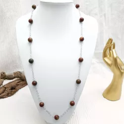 Collier long Picasso en jaspe rouge et vert, perles naturelles rondes 12 mm, chaîne acier inoxydable argenté