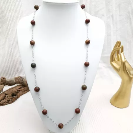 Collier long Picasso en jaspe rouge et vert, perles naturelles rondes 12 mm, chaîne acier inoxydable argenté – Bouly&Cailloux