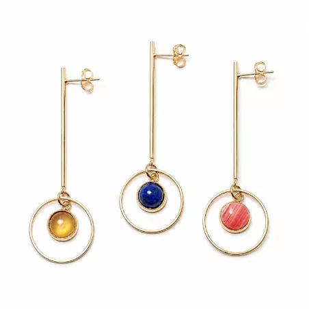 Boucles Luciole pendantes tiges fines en acier inoxydable doré et pierre naturelle cabochon