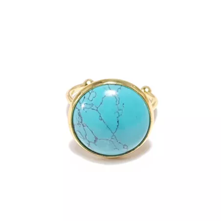 Bague Milet dorée en acier inoxydable avec cabochon turquoise bleue, vue de face