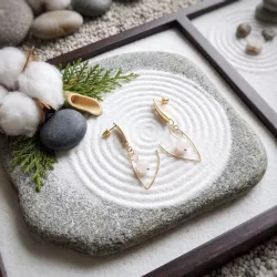 Boucles pendantes Altéra dorées avec quartz rose dans un décor minéral