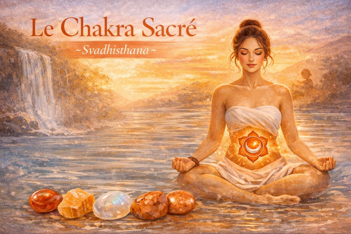 Illustration du chakra sacré Svadhisthana, symbole des émotions, de la créativité et de la fluidité intérieure, associé à l’élément eau et à la couleur orange